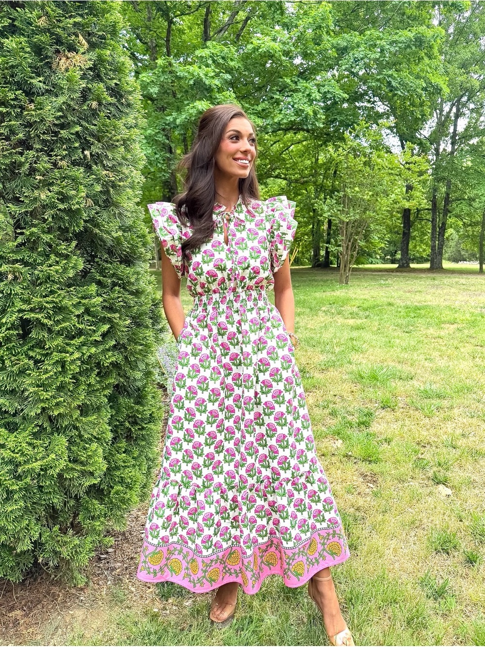 Pink Floral Midi Dress w/ Green Accents & Flutter Sleeves
